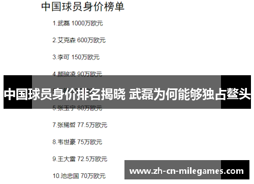 中国球员身价排名揭晓 武磊为何能够独占鳌头