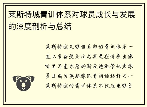 莱斯特城青训体系对球员成长与发展的深度剖析与总结